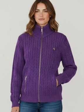 Ralph Lauren Vintage Purple Cable Knit Zip-Up Sweater with Pockets